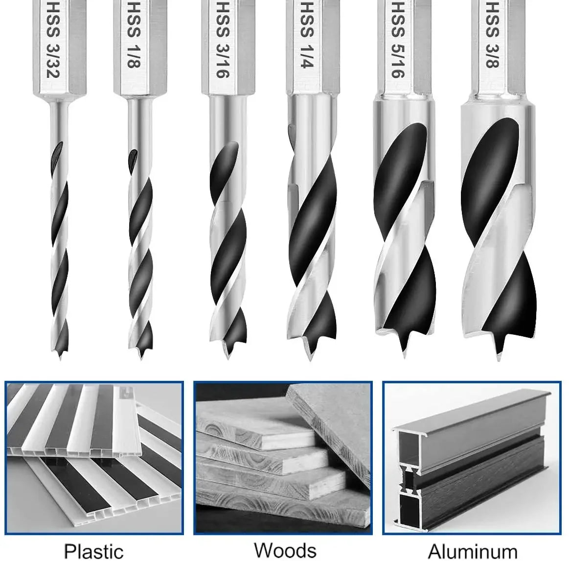 5/6pcs HSS SAE Brad Three Point Stubby Drill Bit Set for Wood With 1/4-Inch Quick Change Hex Shank 3/32 1/8 3/16 1/4 5/16 3/8