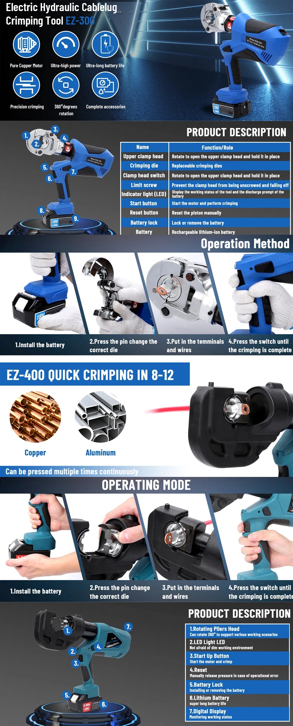 Electric hydraulic crimping tool kit with 12 dies for 6AWG to 800MCM cable lugs