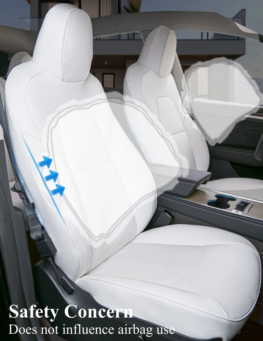 White PU Leather Seat Covers for Tesla Model Y and Model 3, Full 5-Seat Set