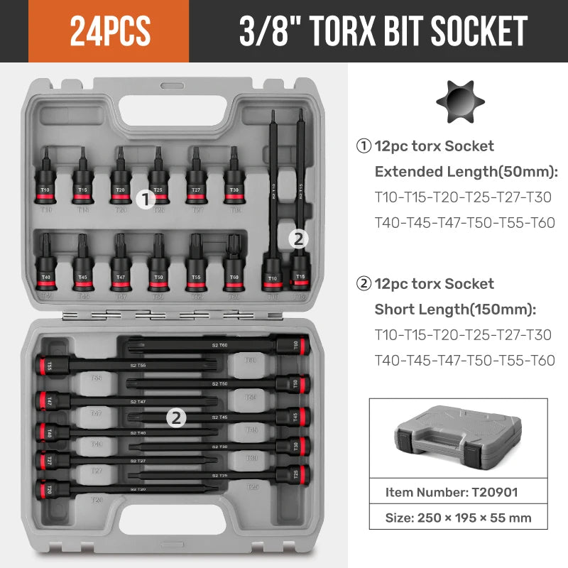 3/8 Impact Socket Set Hex Socket Set with S2 Bits CR-V Sockets Torx Bit Long Socket