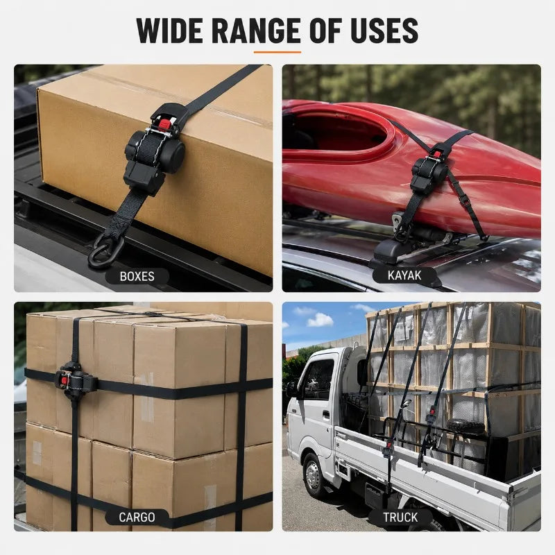 Retractable Ratchet Tie Down Straps, Heavy Duty Cargo Lashing Belts with Soft Loops for Truck and Trailer