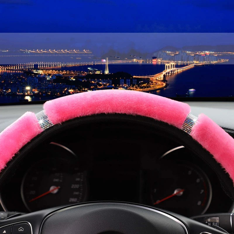 Plush Steering Wheel, Gearshift & Handbrake Cover Set with Rhinestones