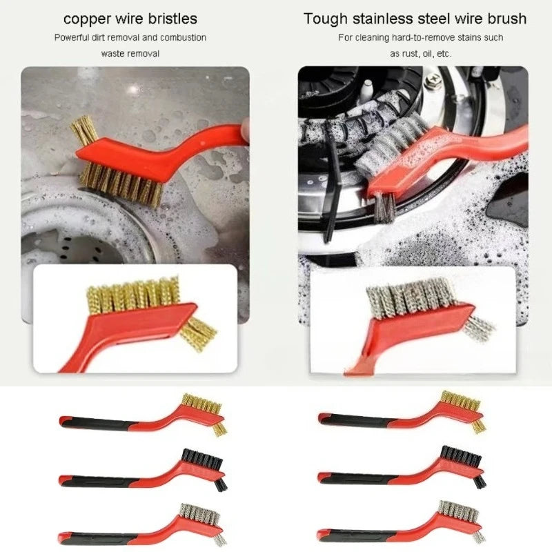 Wire Brush Set Nylon/Brass/Stainless Steel Bristles with Curved Handle Grip for Rust, Dirt & Paint Scrubbing Deep Cleaning