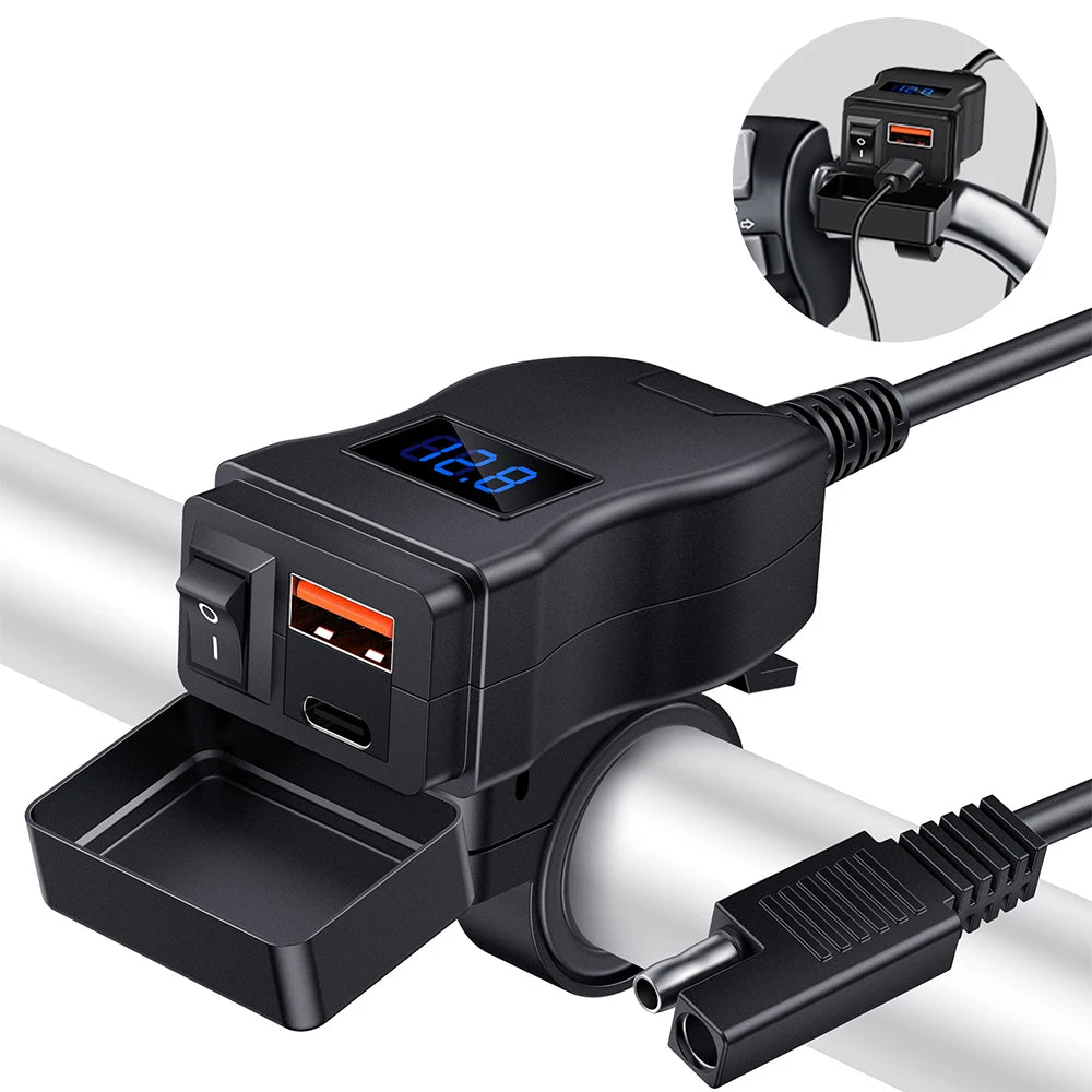 Motorcycle USB Fast Charger Waterproof USB Type C Charger 12V Power Supply Adapter with Switch Voltmeter Socket