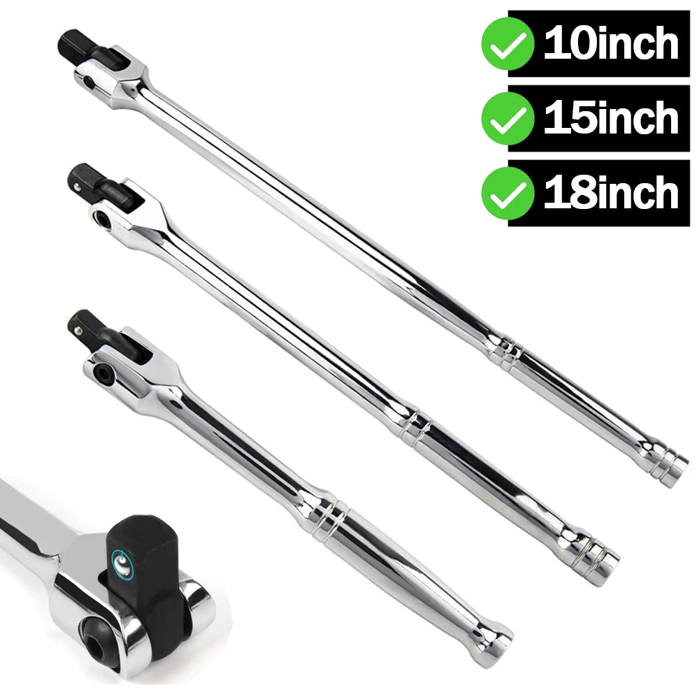 1/2'' 10/15/18inch Drive Breaker Bar Wrench Socket Extension 180-Degree Cr-V Flex Head and Engraved Non-slip Handle Repair Tools