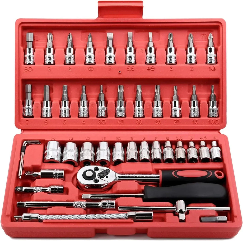 46Pcs Car Repair Tool Kit 1/4 Socket Set with Ratchet Wrench and Screwdriver for Machine Repair