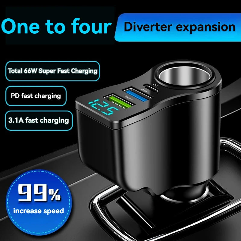Car Socket Splitter with 2 USB and USB-C PD Ports, 12/24V