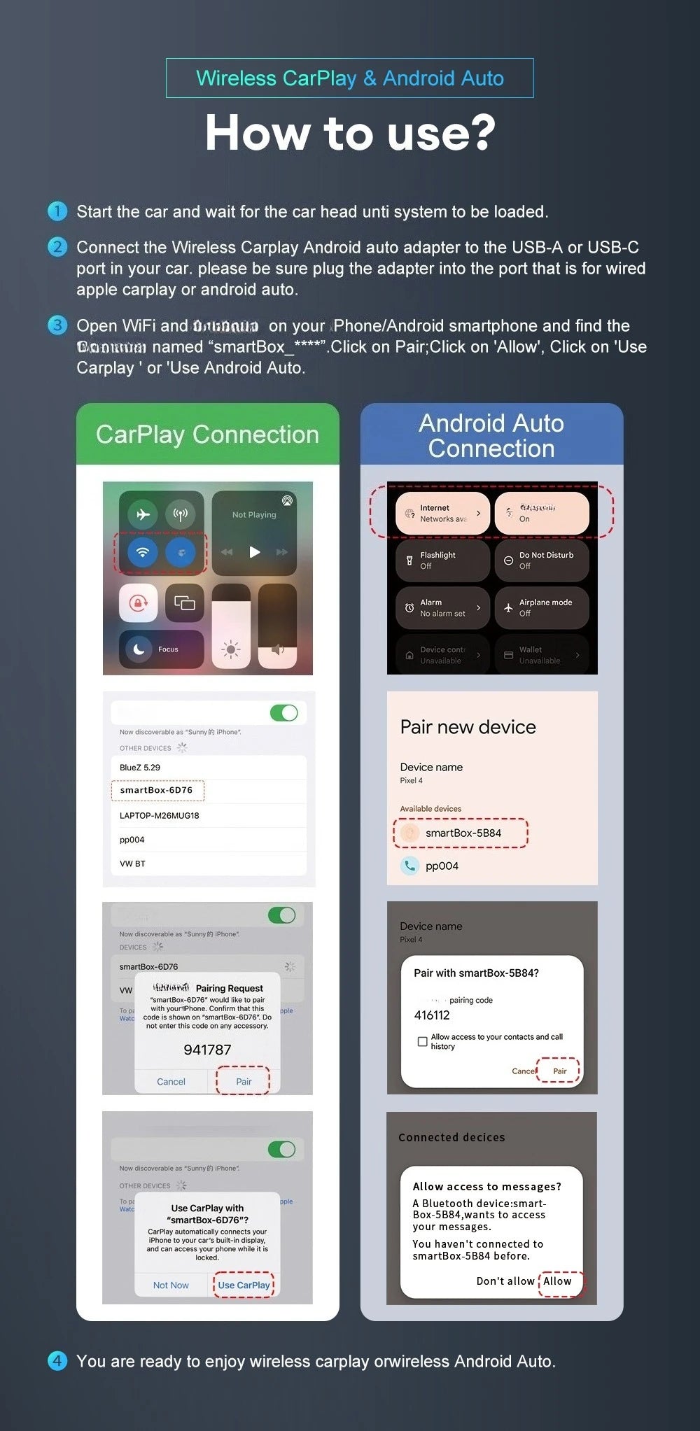 Wired to Wireless CarPlay and Android Auto Adapter, 4 Models