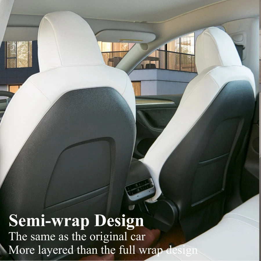 White PU Leather Seat Covers for Tesla Model Y and Model 3, Full 5-Seat Set