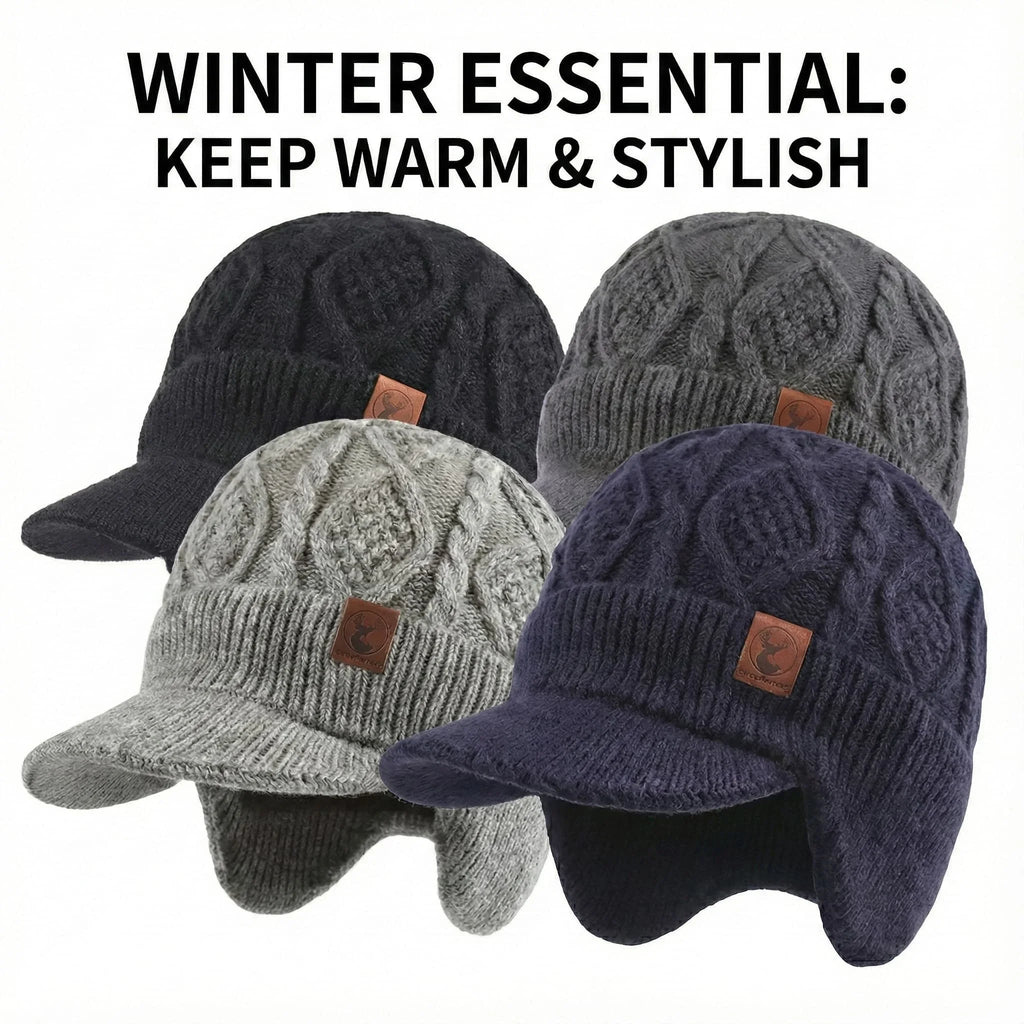 Winter Fleece-Lined Beanie with Earflaps – Windproof Knit Hat