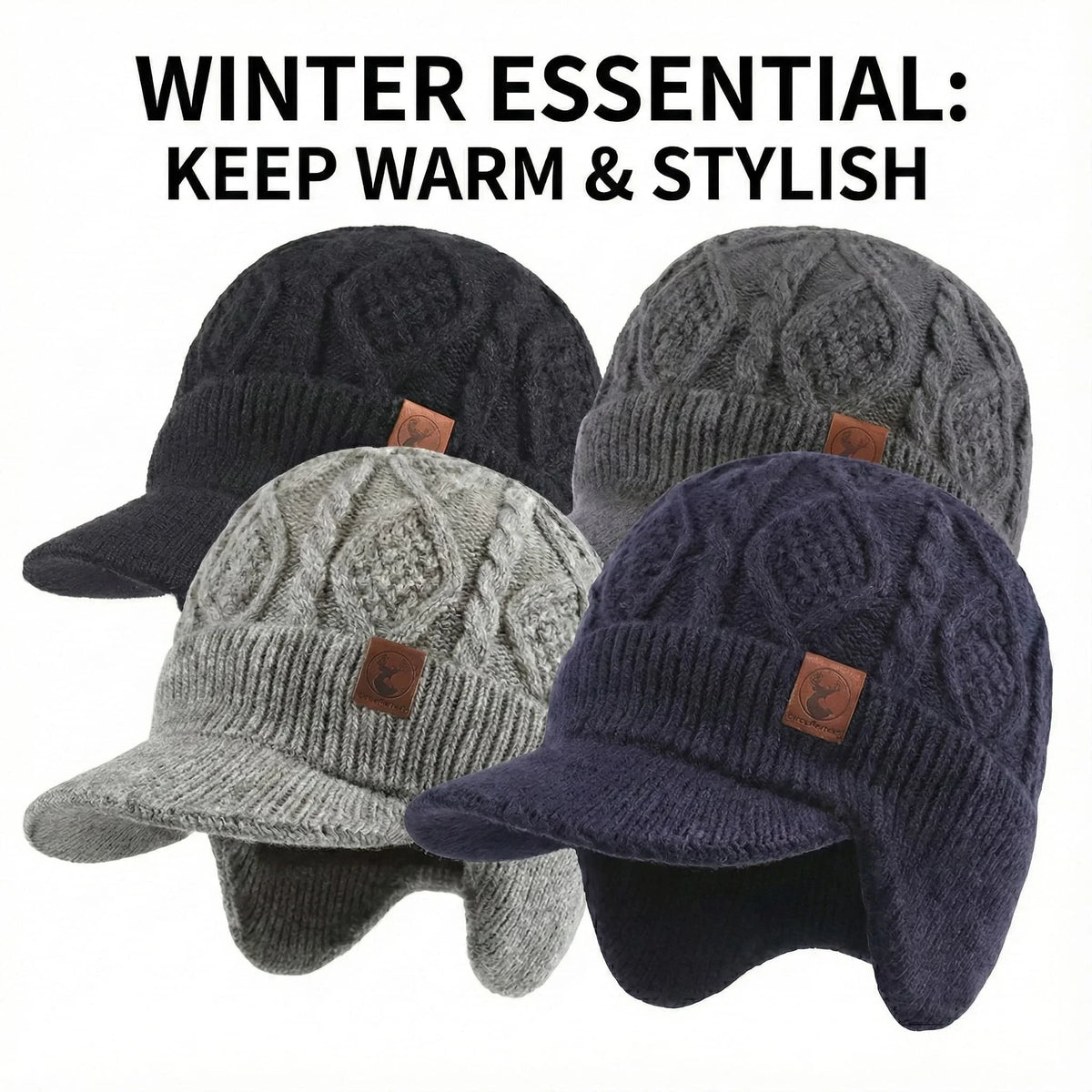 Winter Fleece-Lined Beanie with Earflaps – Windproof Knit Hat