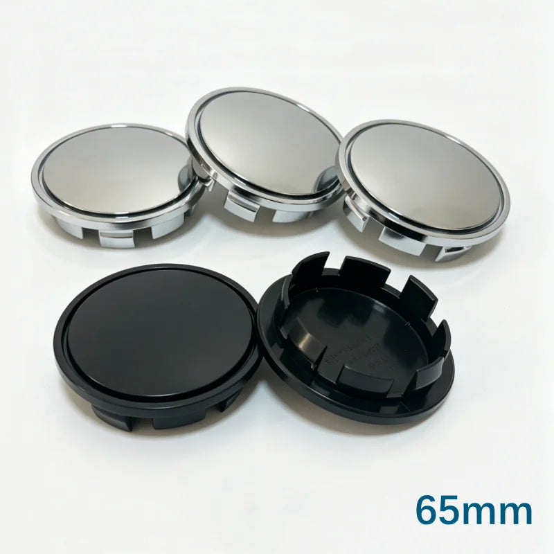 65mm Wheel Center Caps 4-Pack – Black & Silver Hub Caps