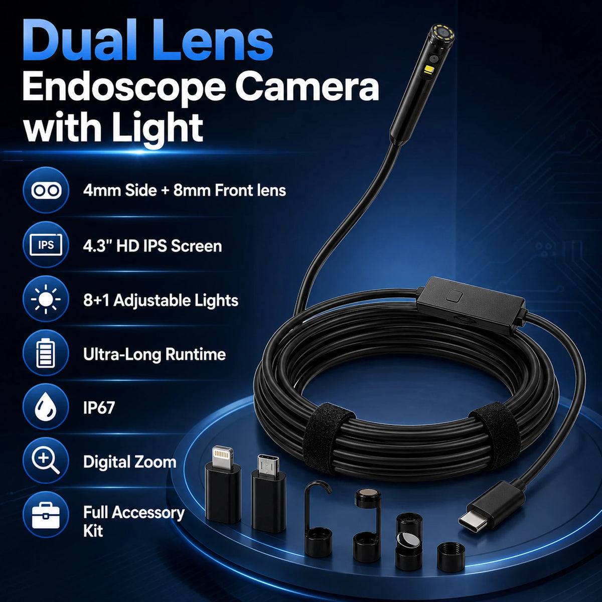 Dual Port Endoscope Camera For iPhone iOS Android 1920P HD 3-in-1 Borescope Waterproof Automotive Engine Sewer Inspection Tools