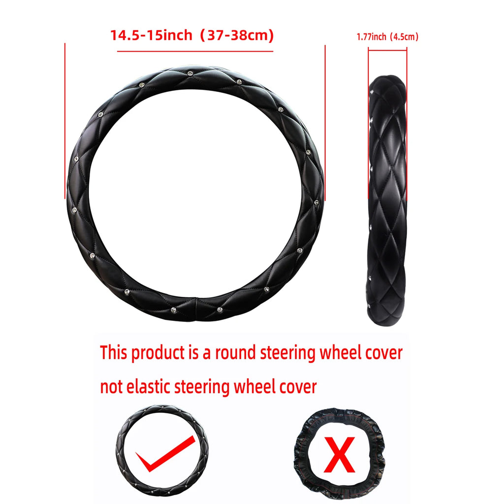 Embroidered Steering Wheel Cover with Diamond-Studded Inner Ring, 14.5-15"