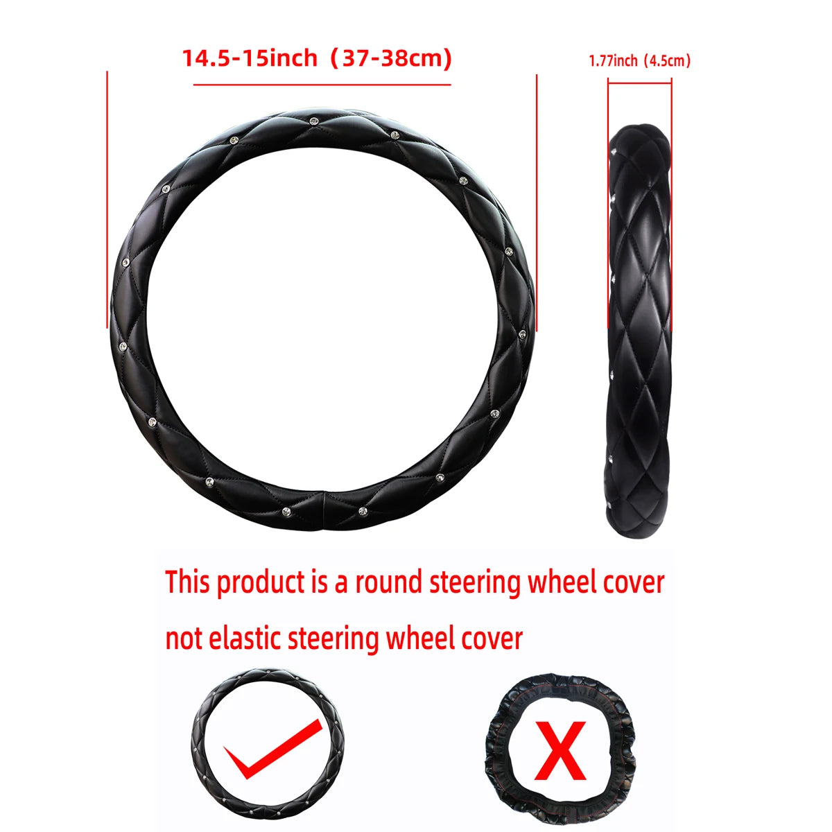 Embroidered Steering Wheel Cover with Diamond-Studded Inner Ring, 14.5-15"