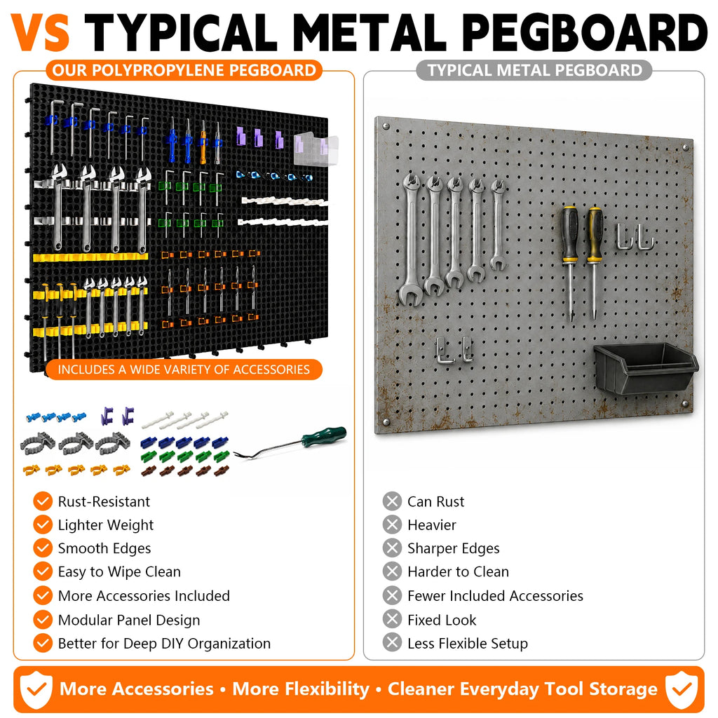 Plastic Pegboard Wall Organizer Kit, 6 Black Panels 91 X 40cm, 200 Accessories with Hooks, Clips & Holders, Modular Tool Storage