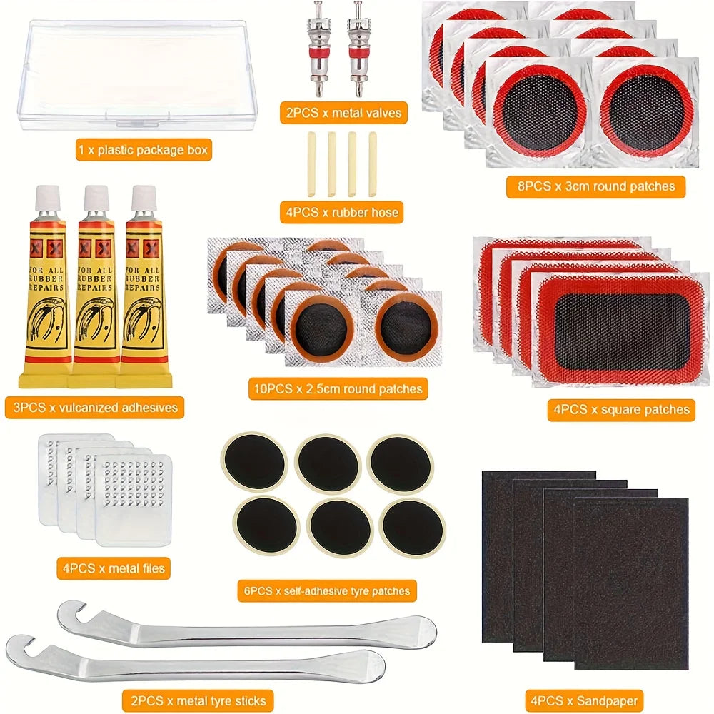 Bike Tire Repair Kit - Essential Tool for Cyclists with Patches, Metal Rasps, Tire Levers & Glue for On-the-Go Repairs