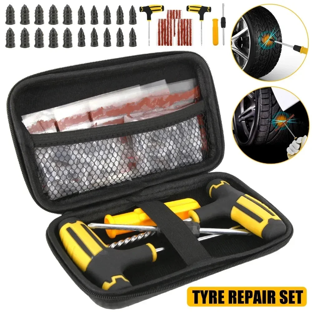 Universal Tubeless Tire Repair Kit - Emergency Puncture Tools W/Rubber T-Plugs for Car/Motorcycle On-Road Vacuum Seal