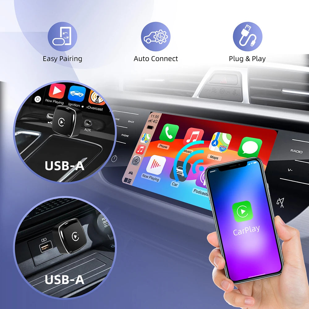 2-in-1 Wireless CarPlay and Android Auto Adapter, Plug and Play