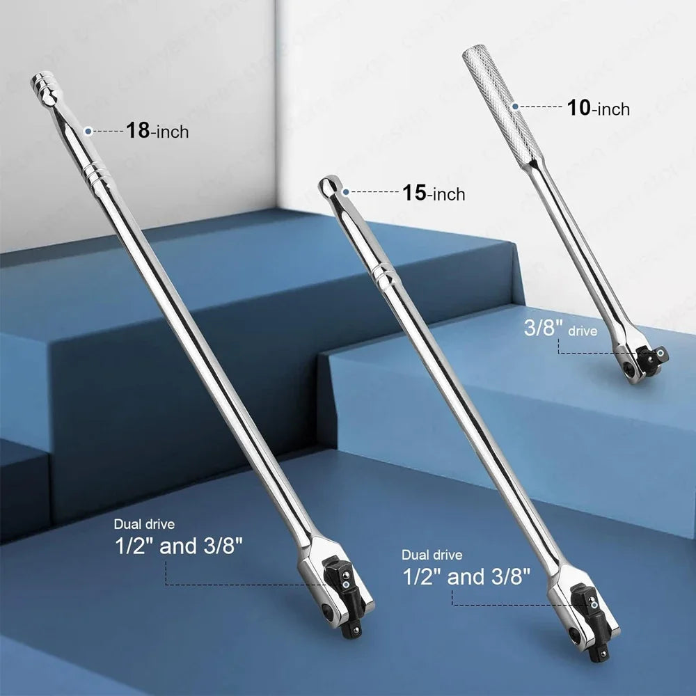 1/2'' Drive Breaker Bar Wrench Socket 10/15/18inch Extension 180-Degree Cr-V Flex Head and Engraved Non-slip Handle Repair Tools