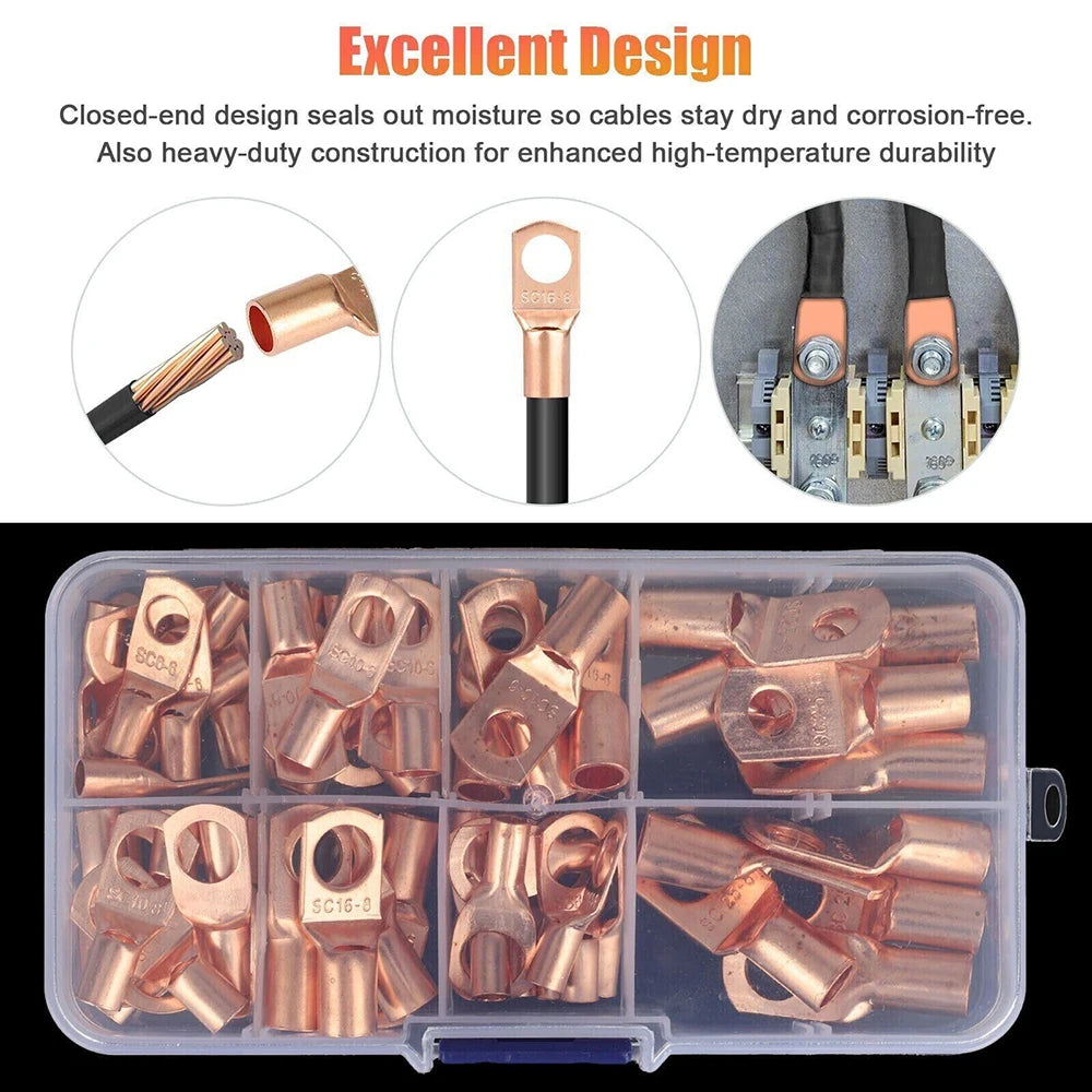 60pcs  Wire Lug Connector Ring Copper Crimping Terminal  O-ring Copper Nose Terminal,  lug battery Cable Terminal Connector Kit