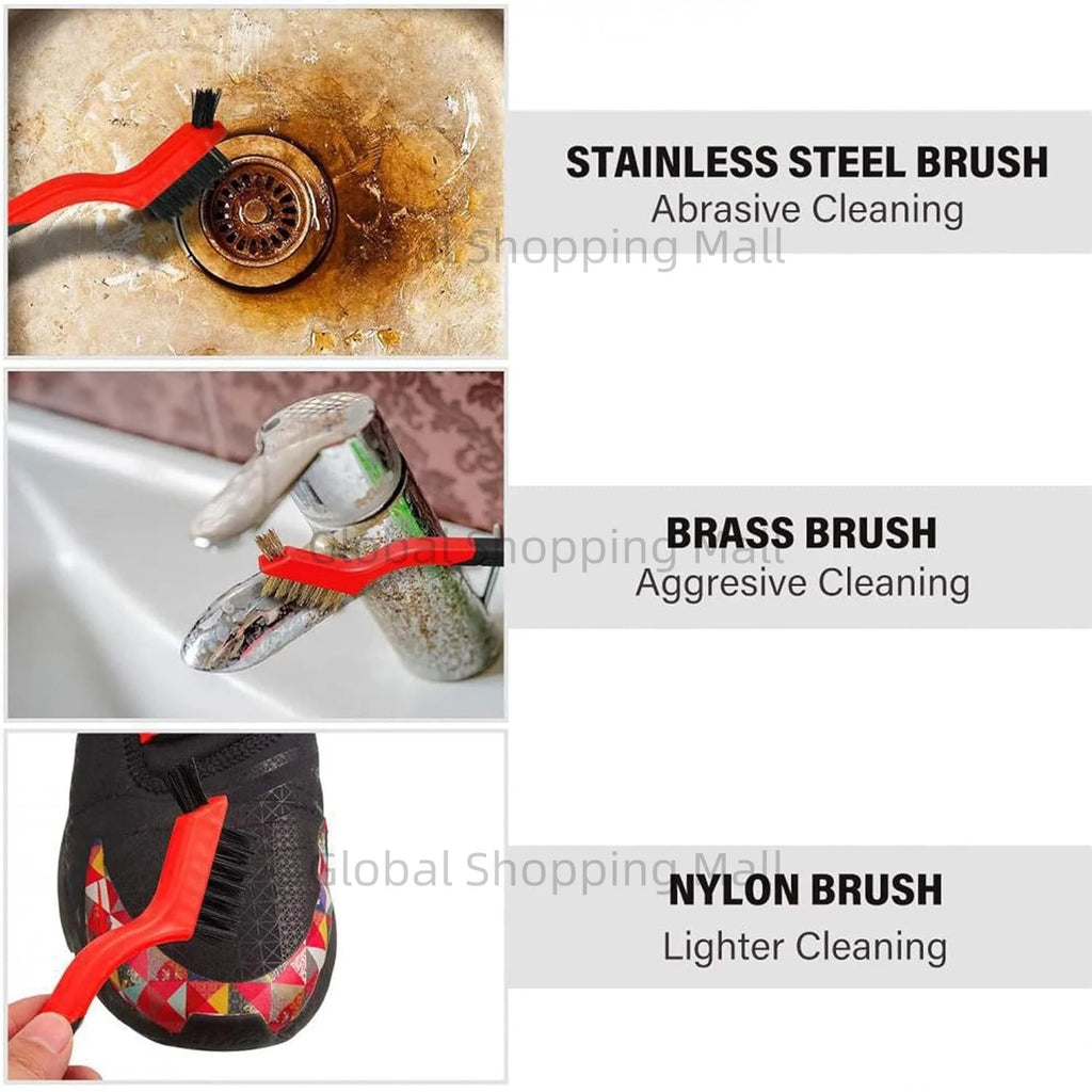 3-Piece Wire Brush Set – Brass, Stainless Steel & Nylon, Curved Handle