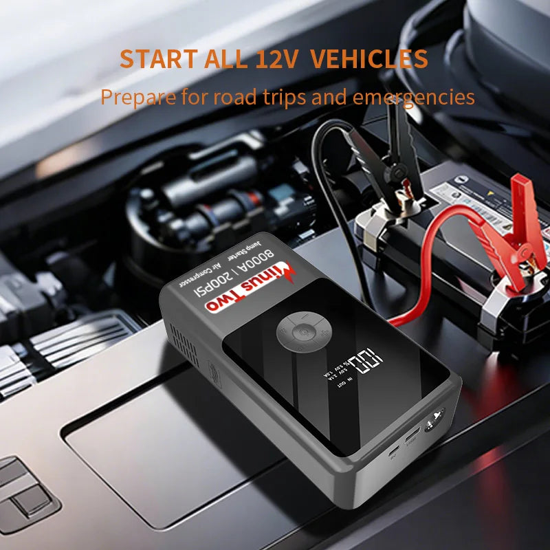 Car Jump Starter 8000A Power Bank 200PSI Pump Air Compressor Emergency Battery Booster Power Bank Start