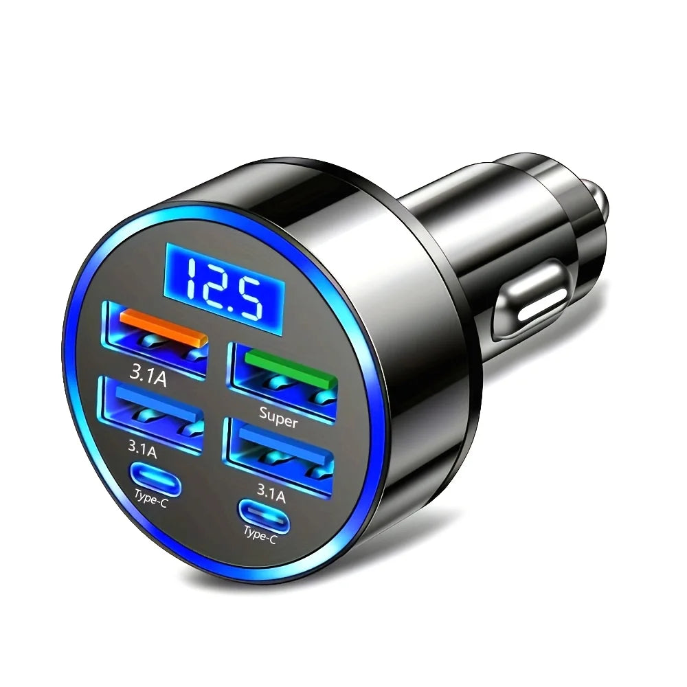 6-in-1 Car Charger Adapter with Dual USB-C and Digital Display
