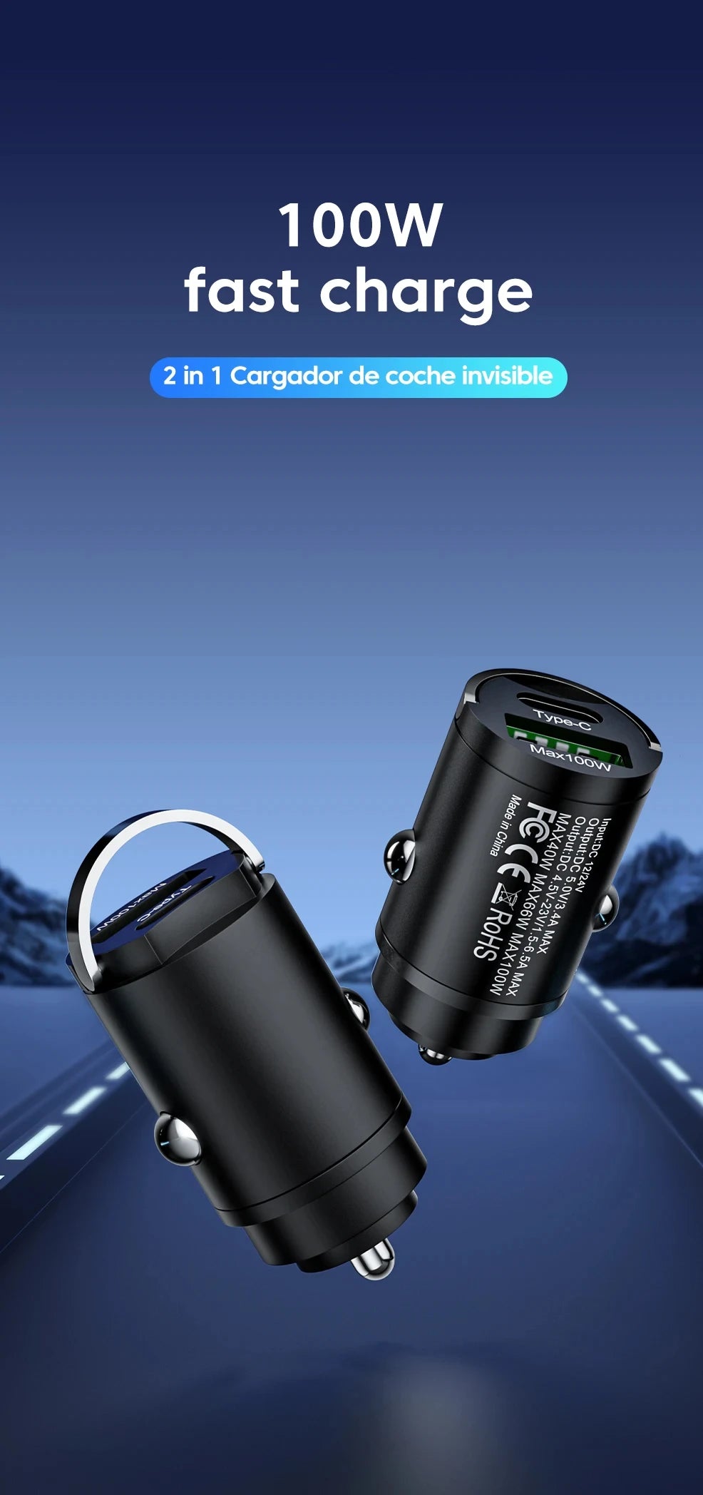 Mini Dual-Port USB and Type-C Car Charger with Pull Ring