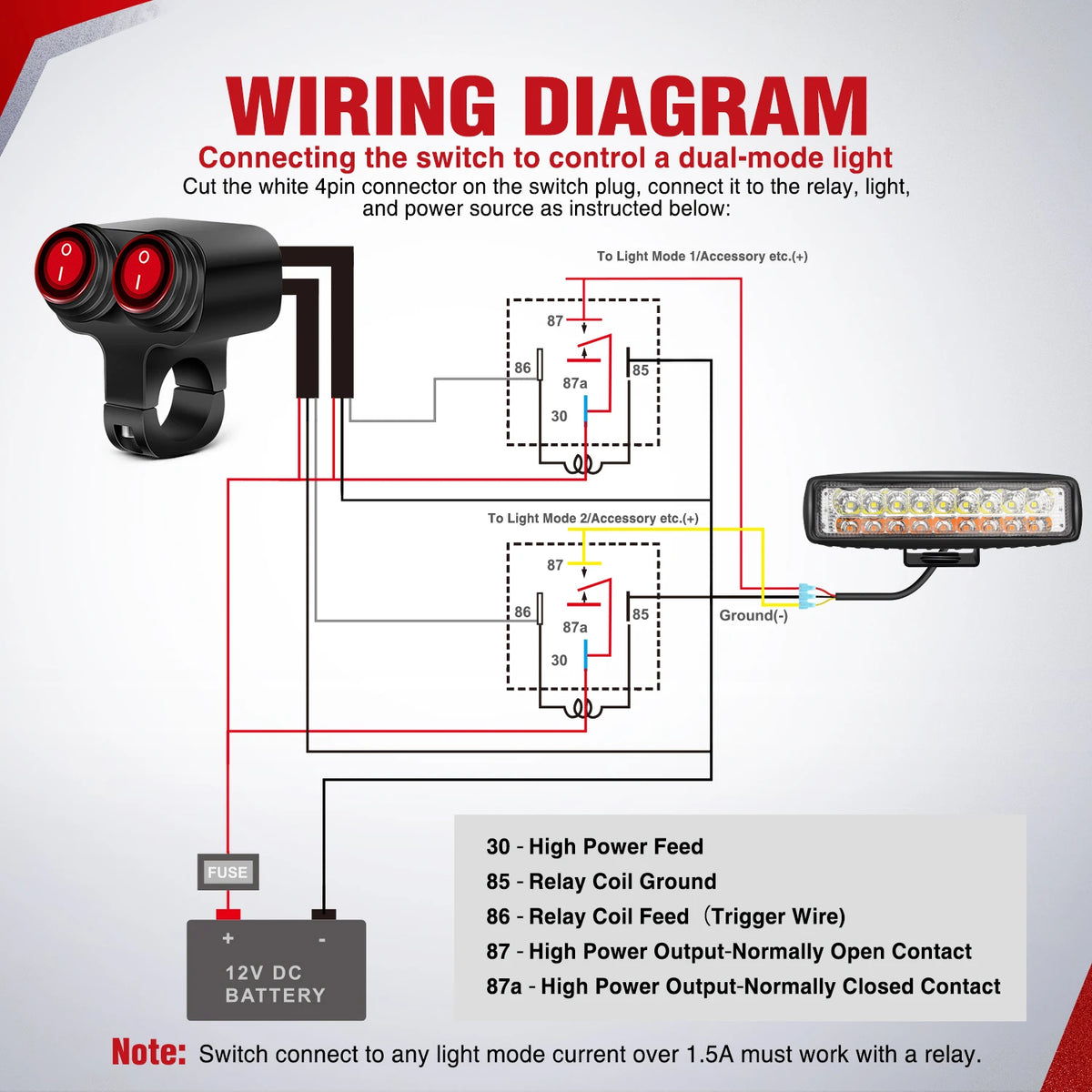 Nilight Dual Push-Button Handlebar Switch, 12V Waterproof - image 4