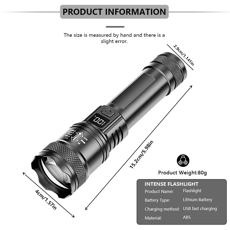 Ultra Bright LED Flashlight 2000LM Type-C Rechargeable Long Range Zoom Tactical Torch Outdoor Emergency Camping Fishing Lantern