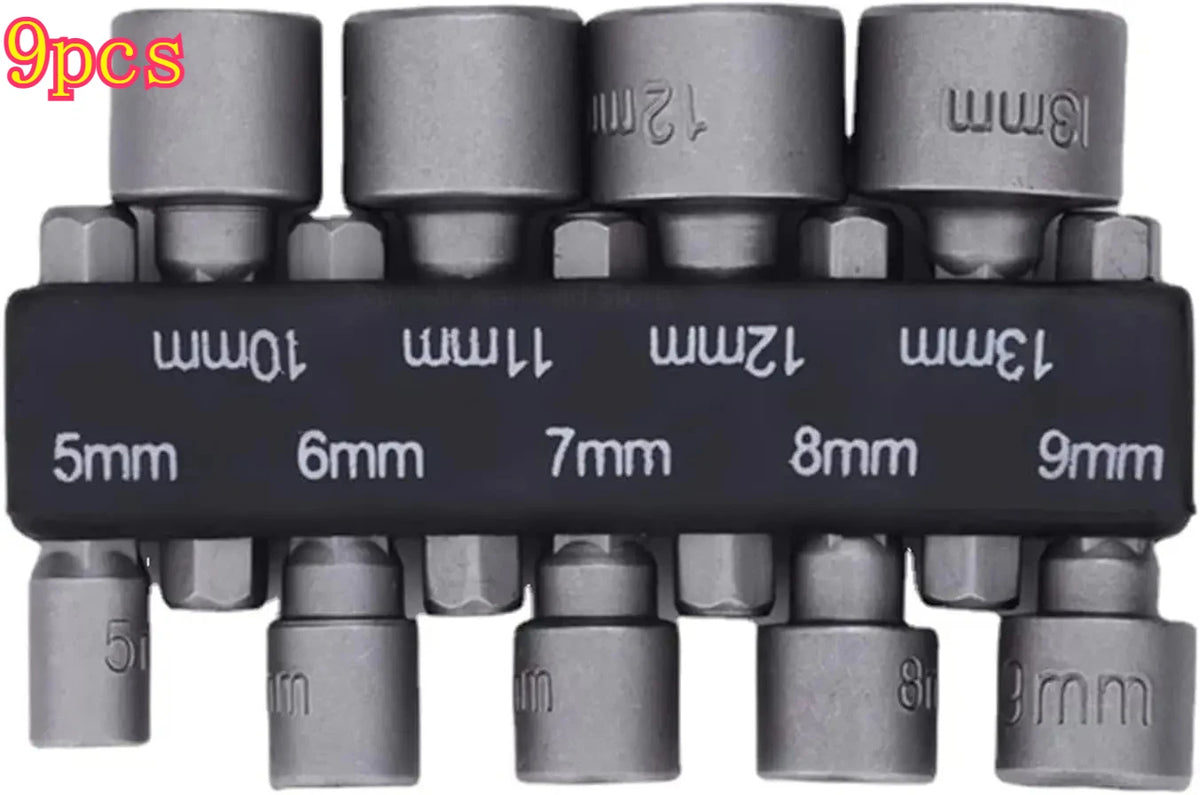 9pcs Hex Shank Socket Set, 5-13mm Metric Impact Socket Bits with Storage Bar,High Hardness Drill Socket Adapter Kit for Electric