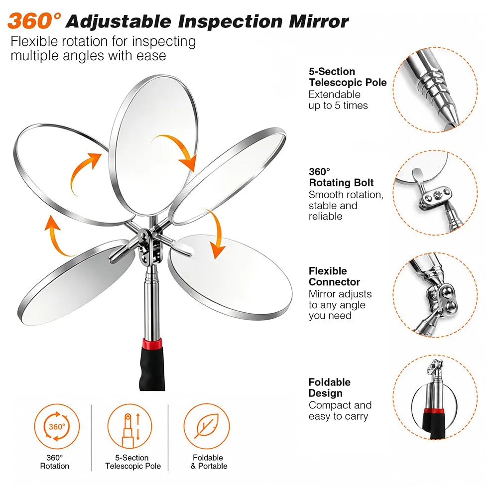 Telescoping Inspection Mirror 360° Adjustable Inspection Tool for Checking Vehicle Small Parts Magnetic Telescoping Pickup Tool
