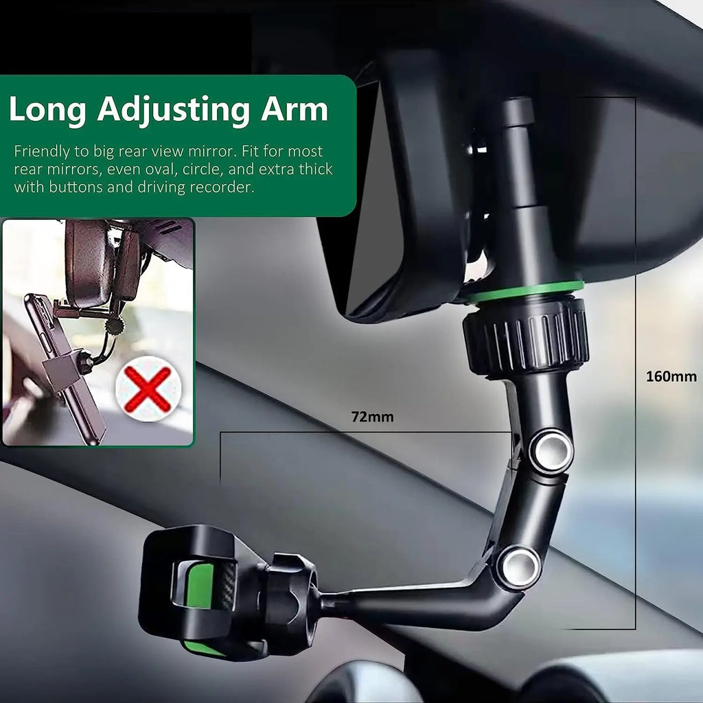 360° Rearview Mirror Phone Holder – Retractable Car Mount