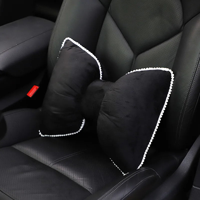 Pink Plush Bowknot Car Neck Pillow and Lumbar Cushion