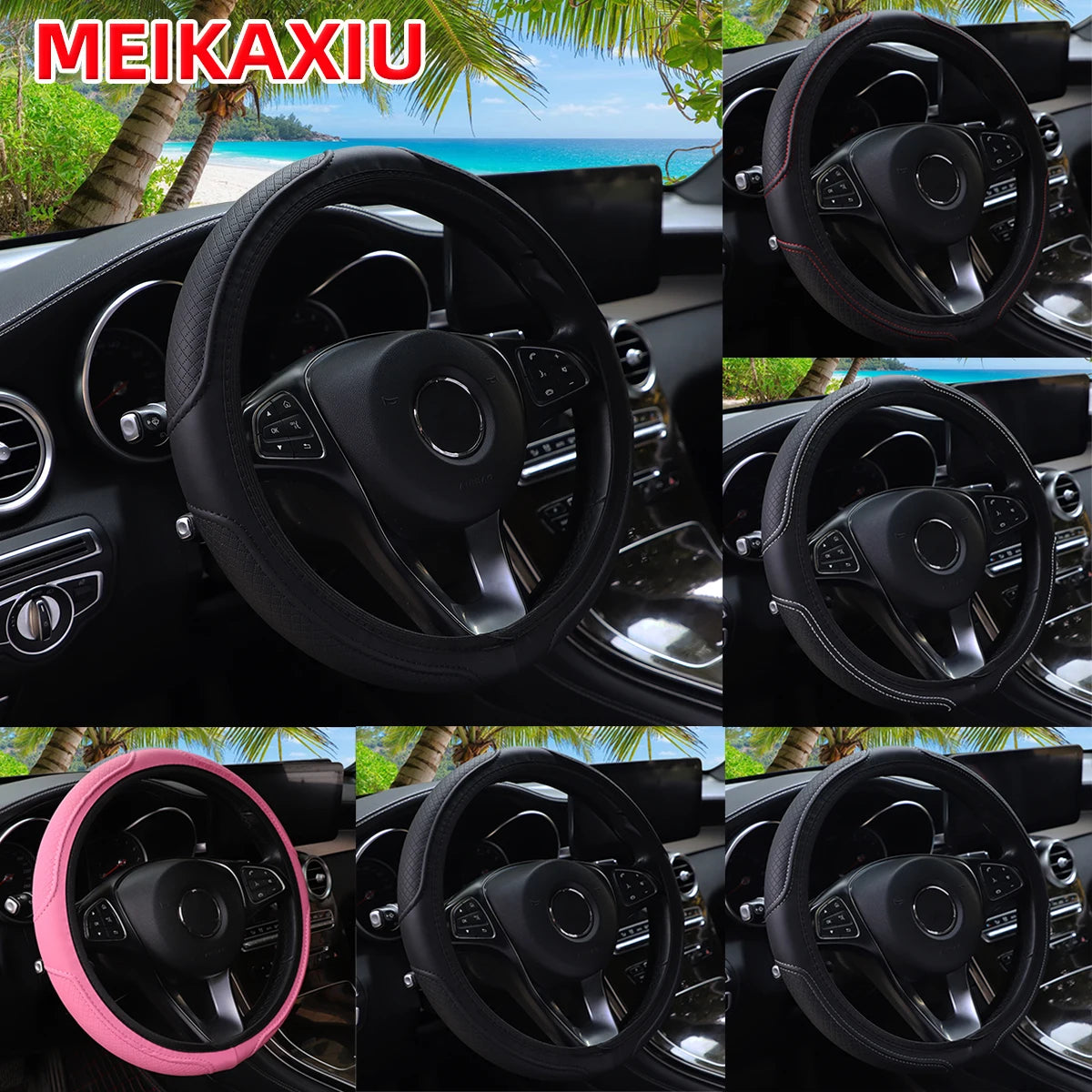 Embossed PU Leather Steering Wheel Cover, 14.5-15 Inch