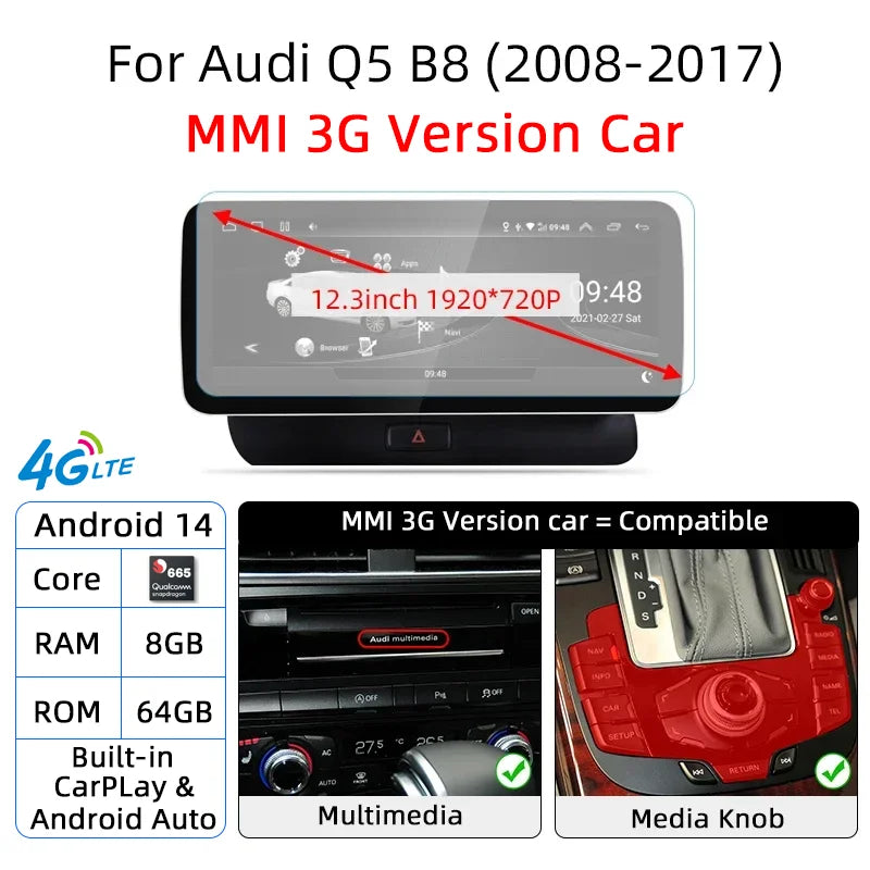 12.3-inch Android 14 Car Radio GPS WiFi CarPlay for Audi Q5 2008-2017 - image 8