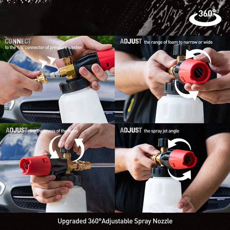 Snow foam cannon 1L, heavy duty wide neck foam gun with quarter inch quick connector