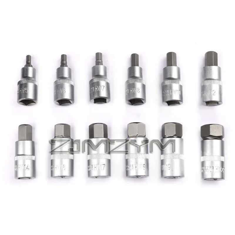 12pcs 1/2 Inch Drive Impact Hex Bit Socket Set H5 H6 H7 H8 H10 H12 H14 H16 H17 H18 H19 H22 Sockets Set Hand Tools