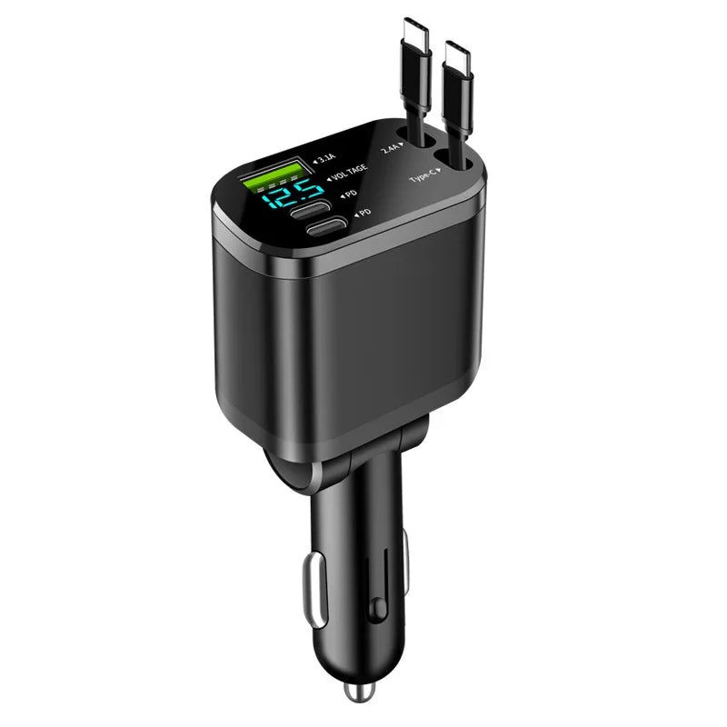 Car Charger with Digital Display and Retractable USB-C Cable