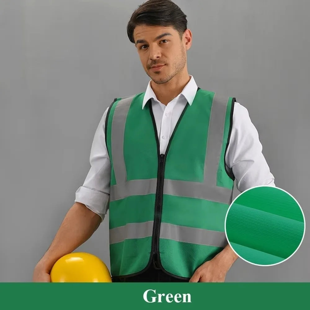 Durable High Visibility Safety Vest with Reflective Strips and Zipper Front