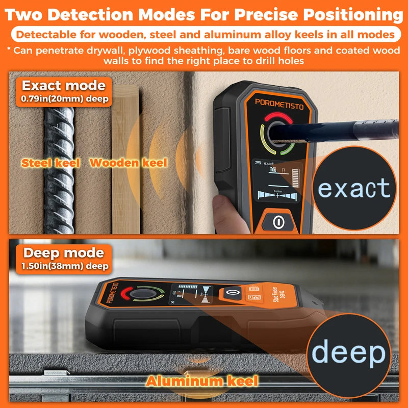 DSF02 6-in-1 Wall Scanner Type-C Rechargeable Stud Finder with Deep Modes, AC Wire, Metal & Pipe Detection for Safe Drilling