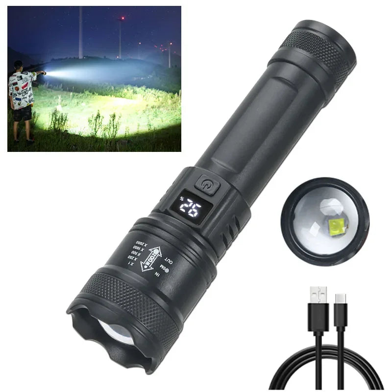 High Power 2000LM LED Flashlight, USB Charging Zoom Torch with Display