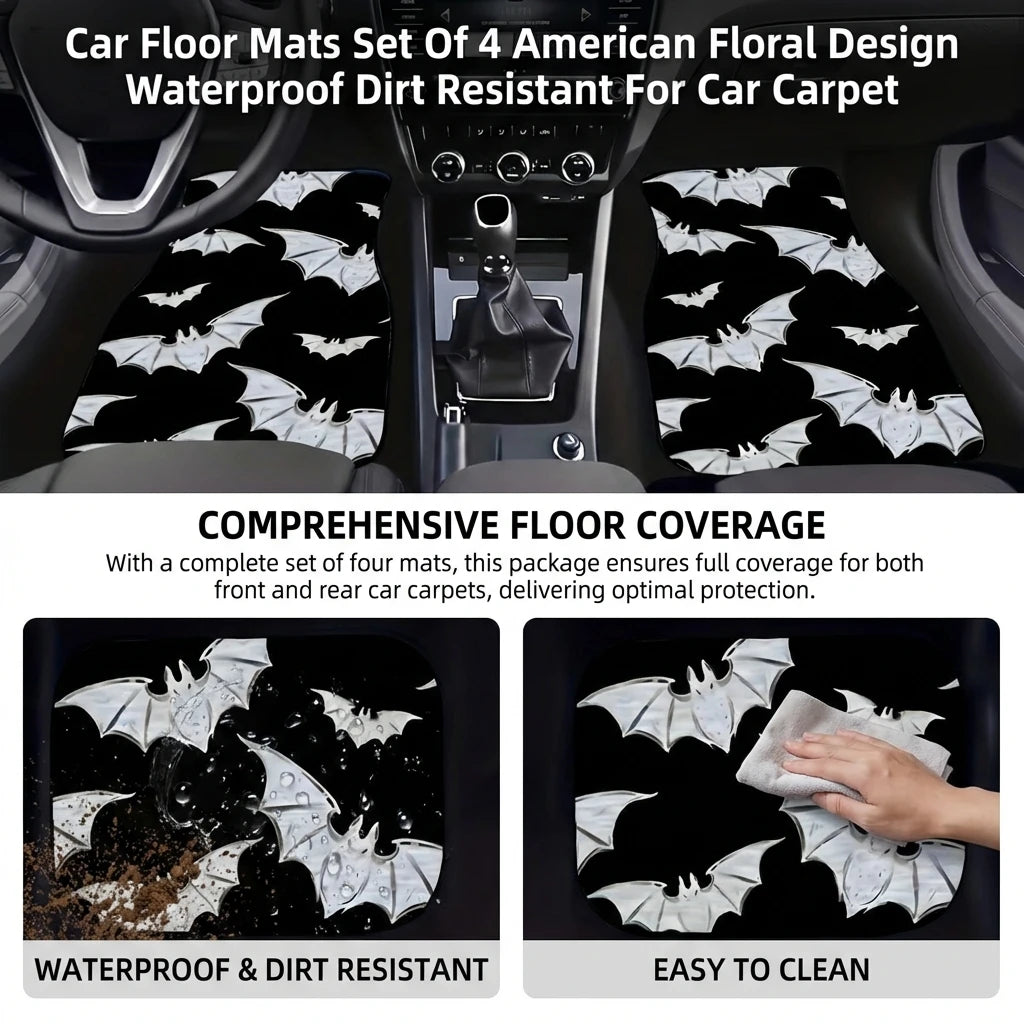 4PCS Bat Car Floor Mats Set Waterproof Anti-Slip All Weather Protect for Vehicle Carpets Universal Fit
