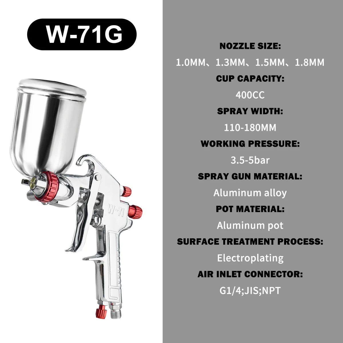 W-71 Pneumatic Paint Spray Gun 1.0/1.3/1.5/1.8mm, 400/600ml Paint Spray Gun Tool Paint Auto Aerograph Tool, Gravity/Siphon