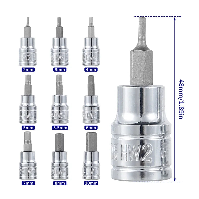 3/8 Inch Hex Bit Socket Set Sturdy Allen Key Sockets Metric Drill Impact Kit