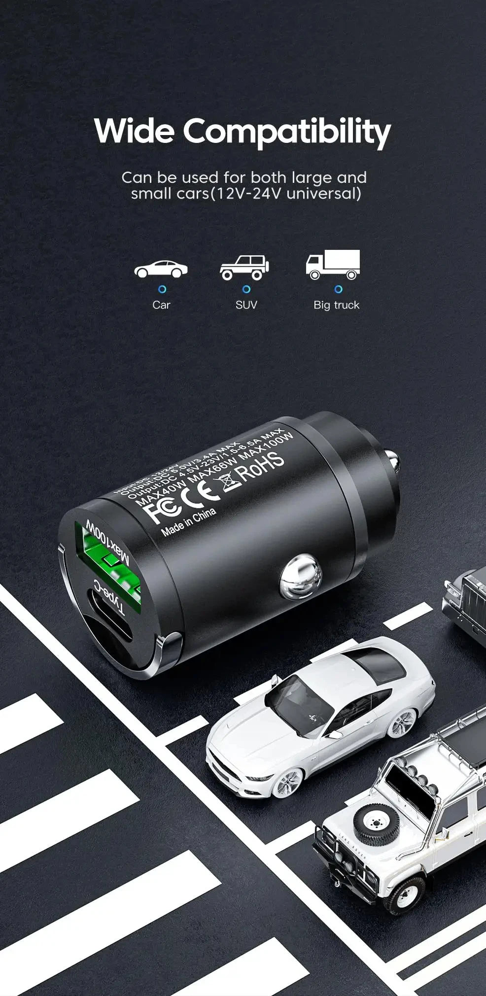 Mini Dual-Port USB and Type-C Car Charger with Pull Ring