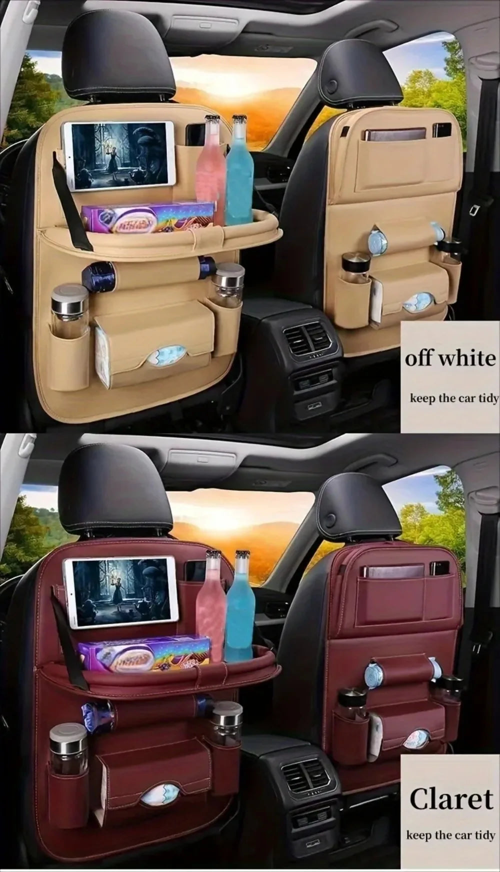 PU Leather Car Seat Back Organizer with Foldable Tray