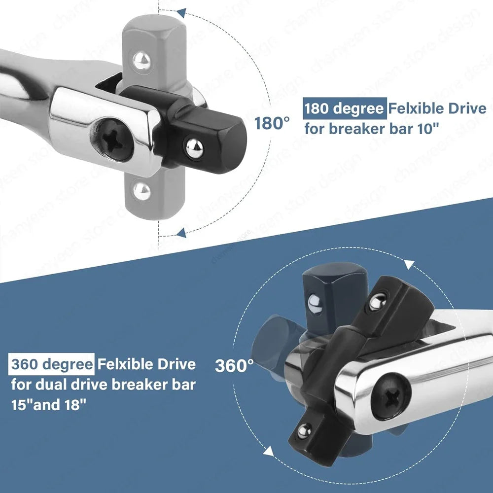 1/2'' Drive Breaker Bar Wrench Socket 10/15/18inch Extension 180-Degree Cr-V Flex Head and Engraved Non-slip Handle Repair Tools