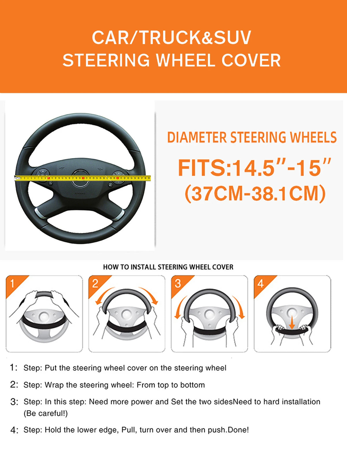 38 cm Embossed PU Leather Steering Wheel Cover with Inner Ring